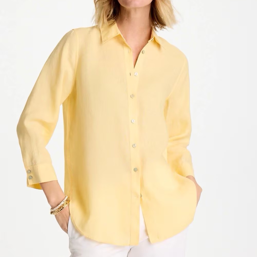 NEW Chicos No Iron Linen Shirt Size 16 (Chicos 3) Yellow Coastal Beach Lagenlook